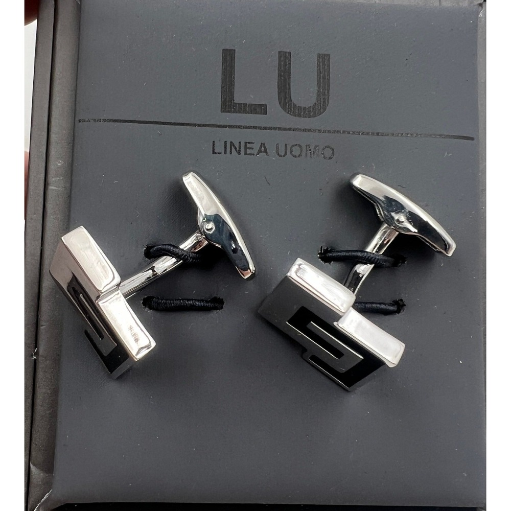Linea Uomo Cufflinks Men's Silver Black Geometric Greek Key NIB